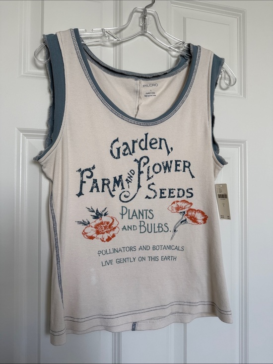 Pilcro Tops - Pilcro Cream Tank Top with Blue Trim and Orange Floral Graphic
